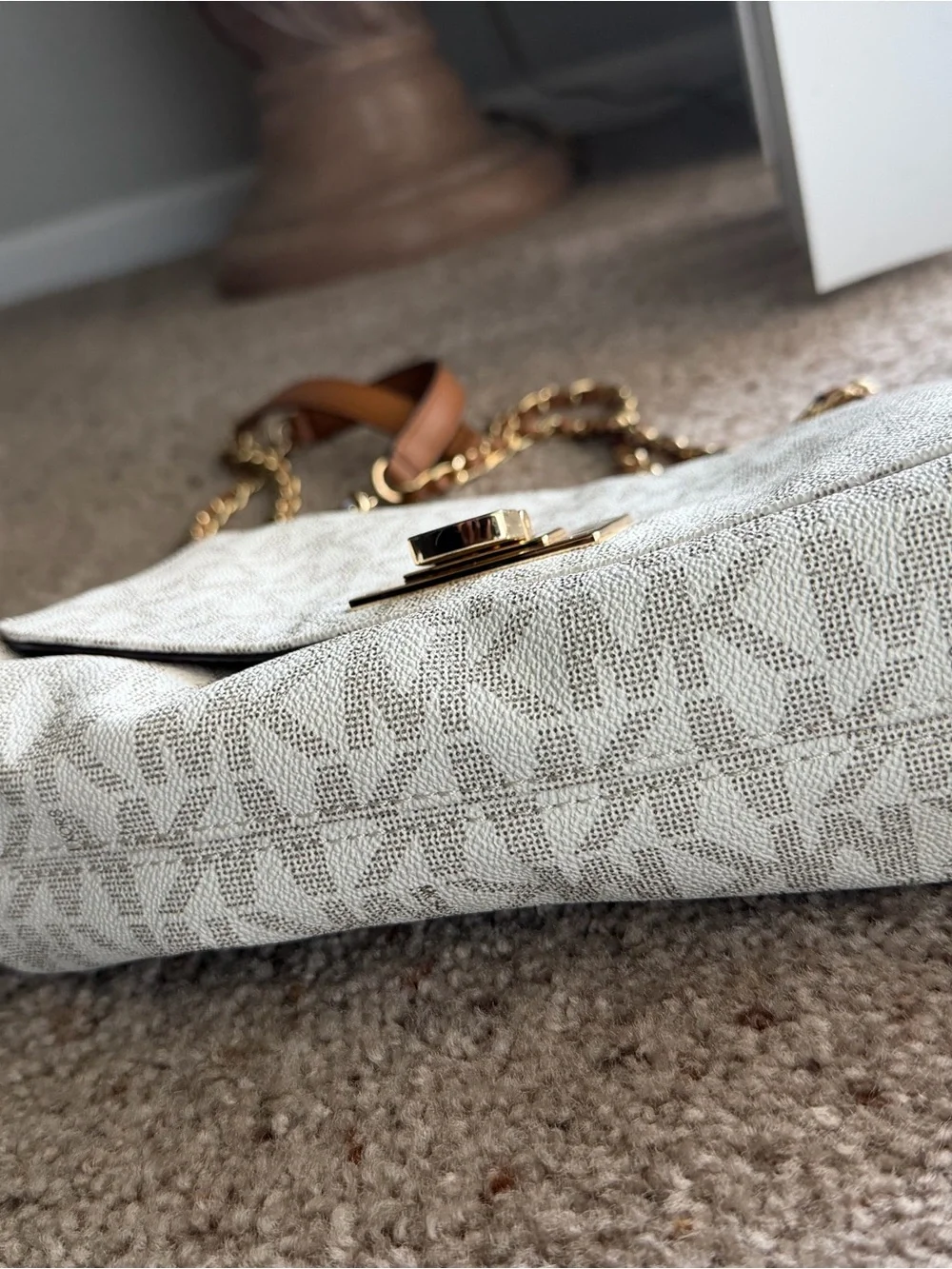 Michael Kors Ivory Signature MK Chain Shoulder Bag with Tan Trim